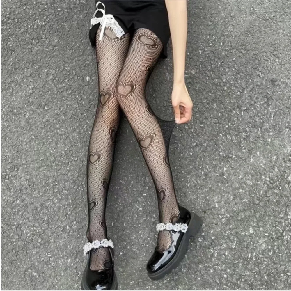 Heart Print Mesh Tights Black Sexy Cut Out High Waist Fishnet Pantyhose One Size